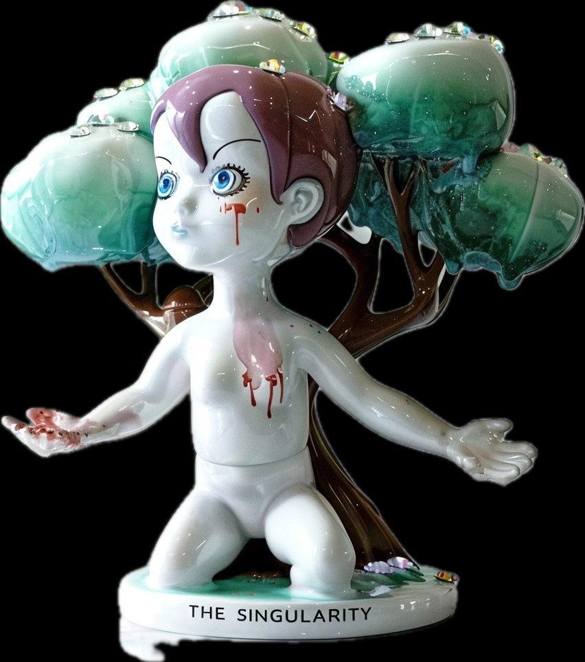 The Silver Singularity keyimage: a Neo-Biedermeier porcelain figurine and tree sculpture, silver-toned.